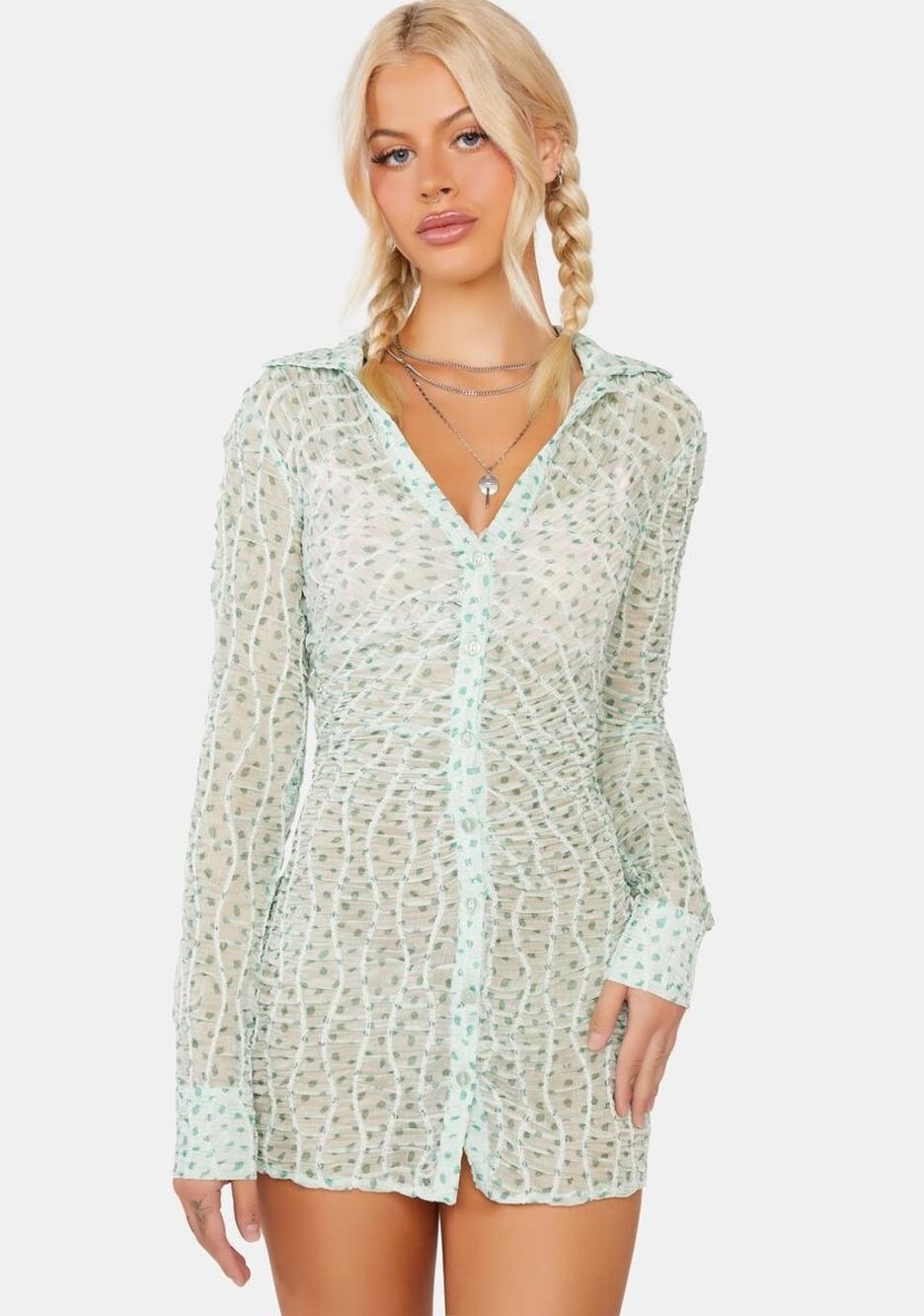 For Love & Lemons Green Polka Dot Drea Long Sleeve Mini Dress Size Small